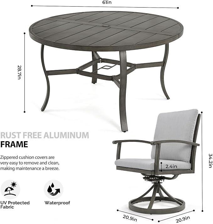 HAPPATIO Patio Dining Set, Aluminum Round Outdoor Dining Set for 8, 61" Round Table with Umbrella Hole and 8 Swivel Chairs, Outdoor Table and Chairs with Removable Cushion for Lawn Yard Patio