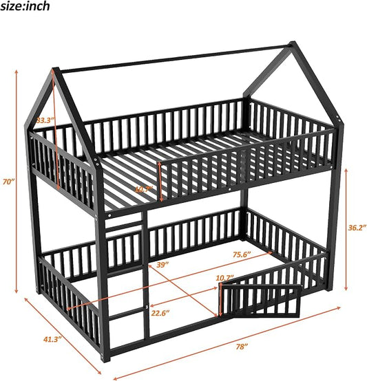RuiSiSi Twin Over Twin House Bunk Bed, Metal Floor Bunk Beds with Safety Guardrails and Roof for Kids, Twin Bunk Bed Frame with Fenced Rails for Bedroom, No Box Spring Needed, Black