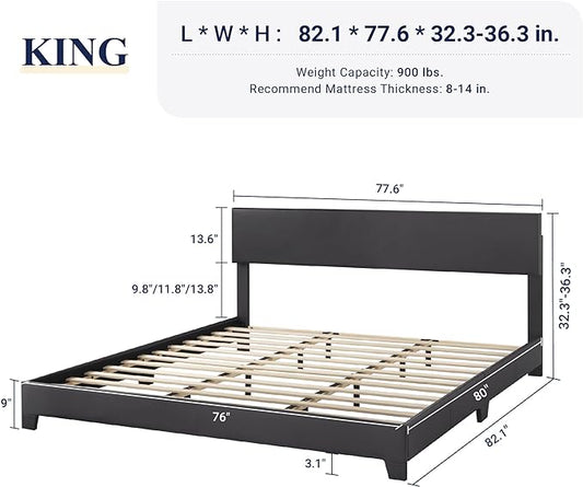 Allewie King Size Bed Frame with Adjustable Headboard, Faux Leather Platform Bed with Wood Slats, Heavy Duty Mattress Foundation, No Box Spring Needed, Noise-Free, Easy Assembly, Black