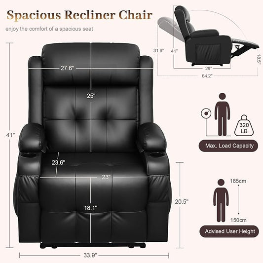 Extra Wide Seat Recliner Chair with Heat and Back Massage, Electric Power Oversized Reclining Chair Infinite Position with Storage Armrests & 2 Cup Holders for Living Room, Manual Recliners