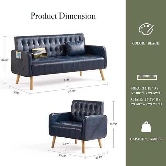 Blue Leather Loveseat and Accent Chair Set of 2, Small Couch w/USB Charging & Pockets, Mid Century Modern Tufted Love Seat and Chair Set, Mini Office Sofa for Living Room, Apartment
