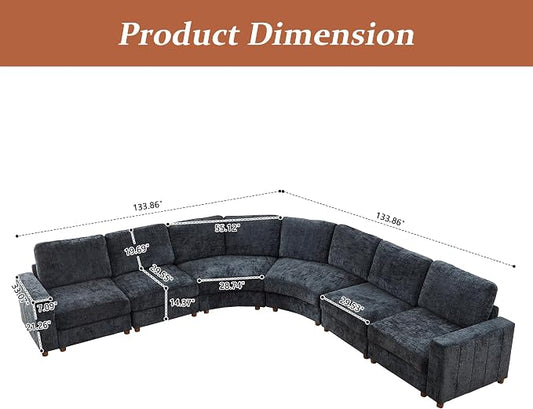 ORRD Oversized Curved Sectional Sofa, Convertible L Shaped Couch with Deep Seat, Boucle Modular Sectional Sofa with Pillows, Curved Chenille Comfy Corner 6 Seat Couch for Living Room, Black Blue