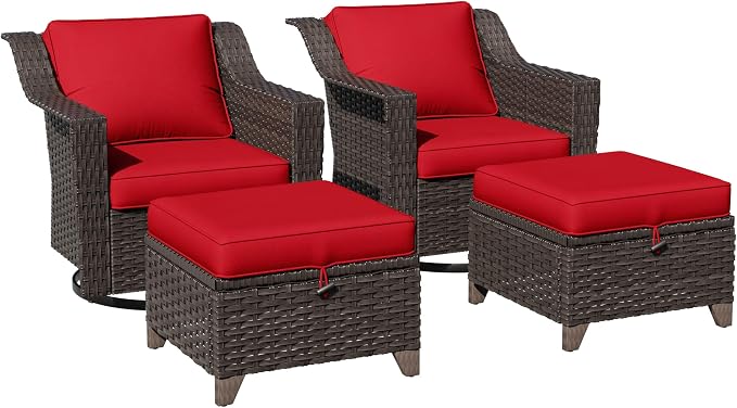 4 Pieces Patio Conversation Furniture Set - 2 Swivel Chairs, 2 Ottomans, Outdoor Wicker Furniture with Removable Cushions for Porch, Balcony, Sunroom (Red)