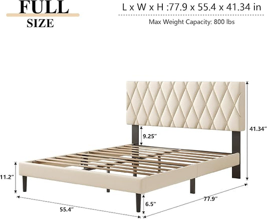 CXVX Full Size Bed Frame with Diamond Tufted Headboard, Velvet Upholstered Platform Bed and Wooden Slat Support, Noise-Free, No Box Spring Needed, Easy Assembly, Beige