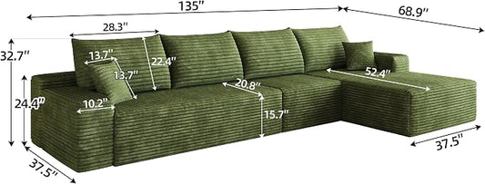 Eafurn 135" Oversized L-Shaped Boneless Sectional Sofa Couch with Chaise, Fluffy Corduroy Modular Couch with Deep Seat,Flexible Combination Corner Sofa & Couch for Living Room, No Assembly