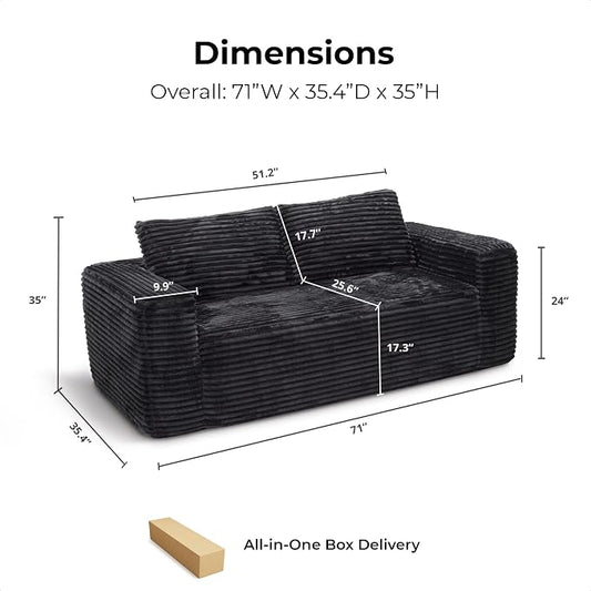 LIKIMIO Liorin Plush 71" Boneless Loveseat Sofa Black Corduroy No Assembly | 2 Seater | High-Density Foam | 25.6" Deep Seat | 17.3" High Seat | Sofa in a Box | Ideal for Apartment/Living room
