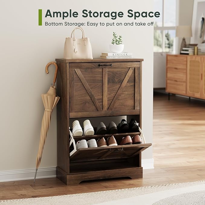 Smart FENDEE Shoe Cabinet, Shoe Storage Cabinet for Entryway with 2 Flip Drawers, Narrow Farmhouse Shoe Organizer Cabinet, Slim Shoe Rack Cabinet, 23.6in Walnut