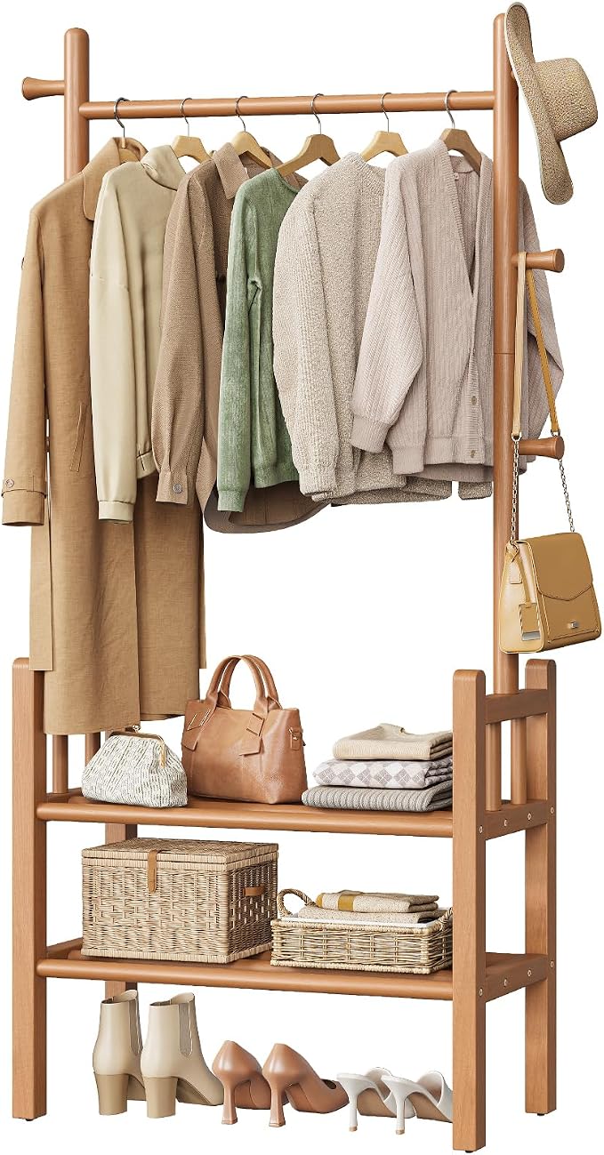 Yoobure Solid Wood Clothing Rack with Shelves - Coat Rack Freestanding with 6 Hooks, 3-in-1 Hall Tree for Hanging Clothes, Tall Garment Racks with Storage for Bedroom, Entryway, Living Room, Closet