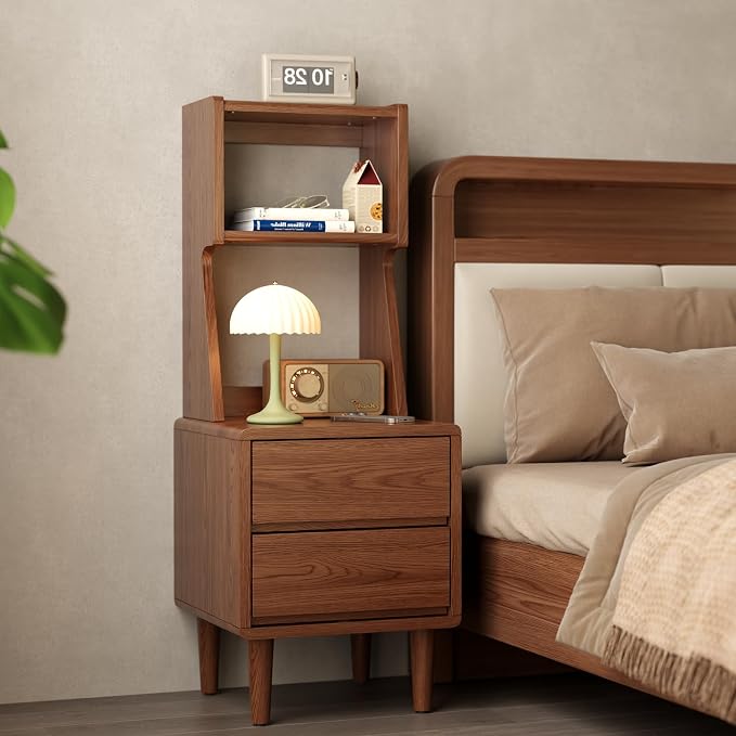 Solid Wood Bookshelf with Drawers,Narrow bookcase with Storage Shelves,Tall Nightstand with Drawers,Mid Century Modern Nightstand,Open Shelf Bookcase,Small Book Shelf for Bedroom,Living Room,Offices