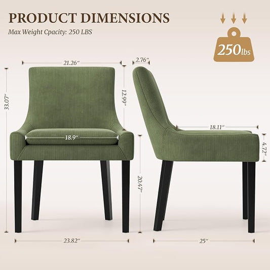 Modern Dining Room Chairs Set of 2 with Mid Back and Wood Legs, Upholstered Kitchen Chairs for Dining Room/Living Room, Light Green