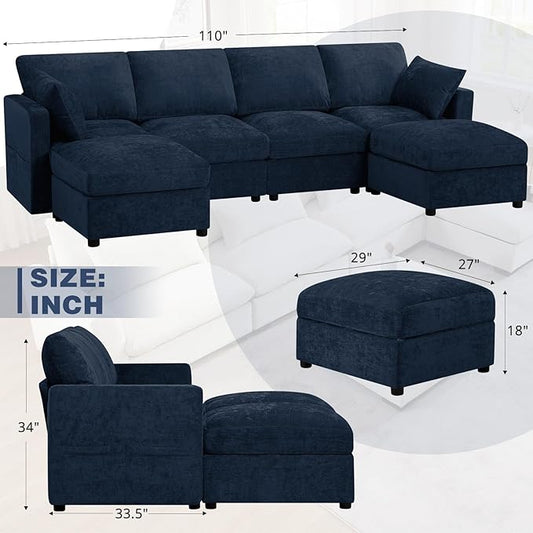 110” Chenille 4-Seats Sofa W/Two Movable Ottomans, Blue | Modern Fabric U-Shaped Couch w/Soft Backrests, Upholstered Sectional Sofa w/Arm Pillows for Living Room, Office