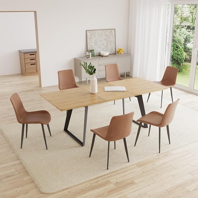 ZckyCine 51‑67 Inch Expandable Dining Set with 6 PU Leather Chairs, Wooden Furniture for Small‑Size Homes