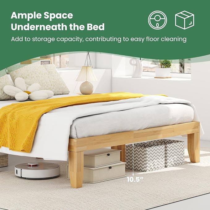 KOMFOTT 14 Inches Wood Platform Bed Frame Full Size, Wooden Mattress Foundation with Rubber Wood Frame, Strong Slats Support, No Box Spring Needed, Bed Frame (Natural)