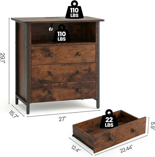27 Inch Wide Nightstand Set of 2 with Charging Station, Large Nightstand Set 2 with 3 Wood Drawers & LED Lights, Big Bedside Table with Open Shelf for Bedroom, Guest Room, Office, Retro.