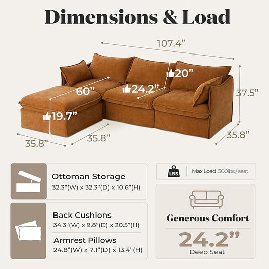 Cloud Modular Sectional Sofa, Oversized Deep Seat Comfort, Luxe Chenille | Fully Removable Washable Covers, Memory Foam Seat Cushions, Storage Ottoman, Premium Fabric