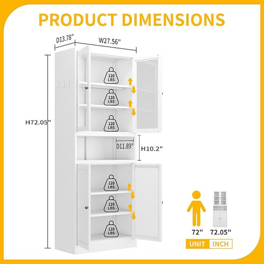 Kitchen Pantry Cabinet with Glass Doors, 72" Metal Storage Cabinet with 4 Adjustable Shelves, Kitchen Pantry with Hooks for Home, Living Room, Assemble Required (White)