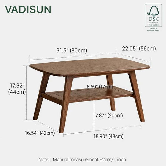 100% Solid Wood Coffee Table for Living Room, 31.5" Small Tables with Shelf Storage, Mid Century Modern Storage Coffee Table with Rounded Corners (Oak Wood Walnut Color)