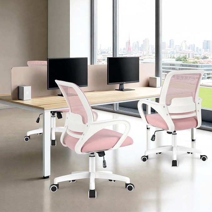 NEO CHAIR Office Desk Ergonomic Computer Mesh Chair with Lumbar Mid Back Support Adjustable Height Swivel Rolling Wheels Comfy Task Vanity Chair for Home Bedroom Study (Pastel Pink)