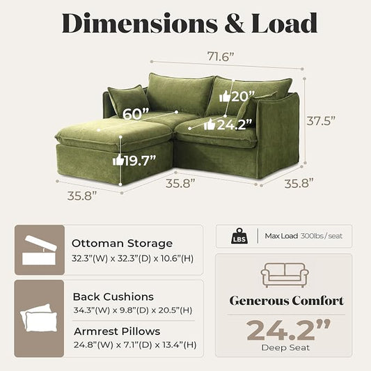 Cloud Modular Loveseat + Ottoman, Oversized Deep Seat, Luxe Chenille | Fully Removable Washable Covers, Memory Foam Seat Cushions, Storage Ottoman, Premium Fabric