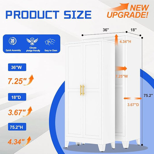 GAIOUS 75.2" Tall Metal Storage Cabinet, Kitchen Pantry Cabinet White | Food Storage, Kitchen Organizer, Freestanding Cupboard with 2 Doors and 5 Adjustable Shelves, 6 Tier, Steel,for Office Dining