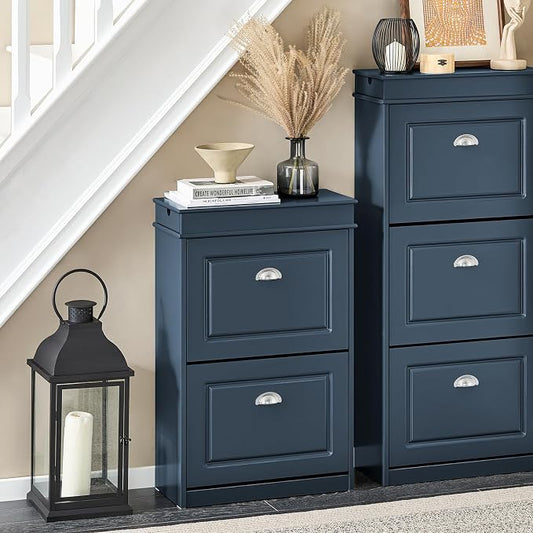 Haotian Slim Shoe Cabinet, Shoe Rack with Doors, Shoe Storage Cupboard Organizer Unit for Entryway 2 Flip-Drawers, Hallway and Bedroom Navy FSR78-B