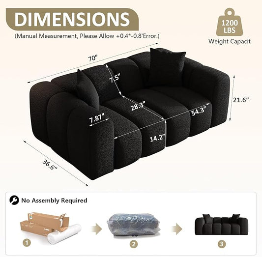 WHGBJA Loveseat Boneless Couch with Memory Foam, Armset, Chenille Fabric, Black Sofa Couch for Living Room/Bedroom, 70"