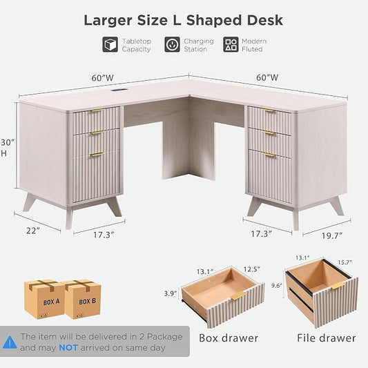 T4TREAM 60" Fluted Executive L Shaped Desk, Modern Home Office Desk with Charging Station and File Drawer, Computer Corner Desks with Drawers & Storage Cabinet for Office Home, Bedroom, Alder White