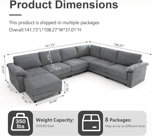 Oversized L Shaped Sectional Couch for Living Room, Extra Large Deep Seat Modular Sectional Sofa with Washable Covers, Modern Cloud Couch for Apartment, Bedroom (Light Gray, Corner V Shape 7 Seat)