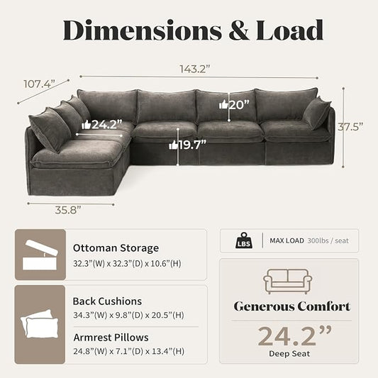 Cloud Modular Corner Sectional, Oversized Deep Seat Comfort, Luxe Chenille | Fully Removable Washable Covers, Memory Foam Seat Cushions, Premium Fabric