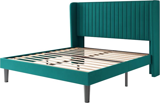 SHA CERLIN Queen Size Velvet Bed Frame with Vertical Channel Tufted Wingback Headboard, Upholstered Platform Bed with Wood Slats, No Box Spring Needed, Easy Assembly, Teal
