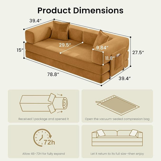 78.8" Convertible Futon Sofa Bed,Corduroy Futon Couch with Storage Pocket,Folding Pull Out Sofa,No Assembly Boneless Couch for Living Room,Yellow