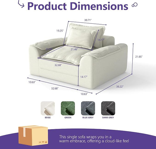 Hobestluk Cloud Single Sofa Memory Foam Couch with Deep Seat L Shaped Sofa with Removable Cover Large Couch for Living Room (Beige, Single Sofa)