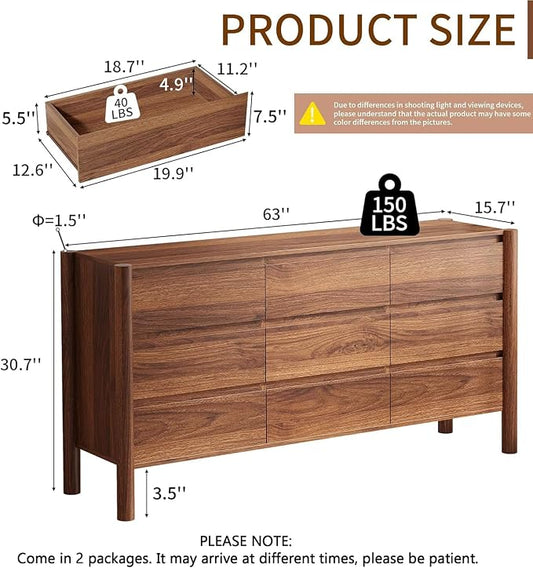 CHUWELL 3-Piece Bedroom Dresser Set-9 Drawer Dresser & 2 Nightstands,63" Wide Walnut Dresser and Night Stands with Solid Wood Cylindrical Legs,Rustic Wooden Storage for Bedroom
