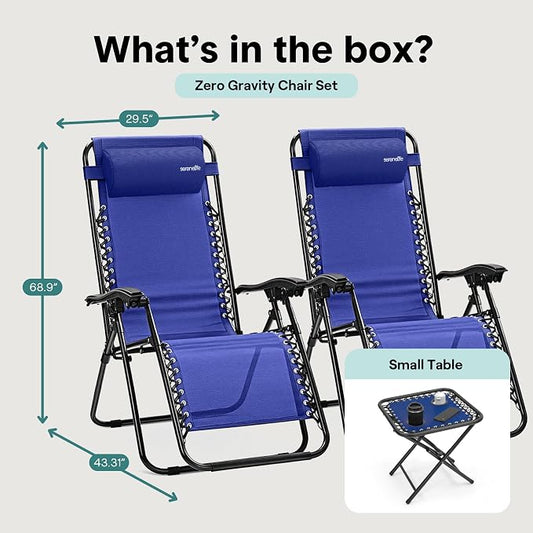SereneLife Outdoor Zero Gravity Lounge Chair Set with Table – 2 Adjustable Recliners with Cup Holders, Headrest, Steel Frame & Foldable Design for Patio, Pool, Garden, or Camping