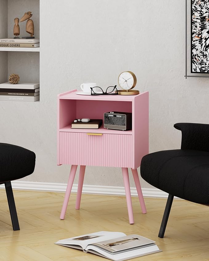 JOONEE Nightstand,Modern Bedside Table with Storage Drawer and Open Wood Shelf, for Living Room, Bedroom and Small Spaces, Accent Night Stand with Solid Wood Legs, Easy Assembly,Classic Pink