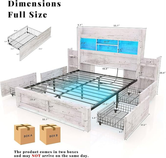 LUXOAK Full Bed Frame with 49.6" Bookcase Headboard & 2 Detachable Bedside Stoage Racks & 4 Drawers, Farmhouse Wood Bed Frame with RGB LED & Charging Station, No Box Spring Needed, Distressed White