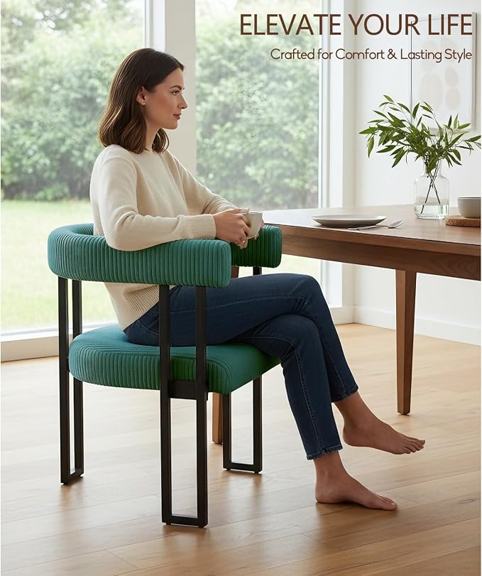 VIRRMO Boucle Dining Chair Set of 6 Corduroy Upholstered Dining Room Chairs Kitchen Chairs with Metal Legs Mid Century Modern Chair for Dining Room, Kitchen (Peacock Green, 6)