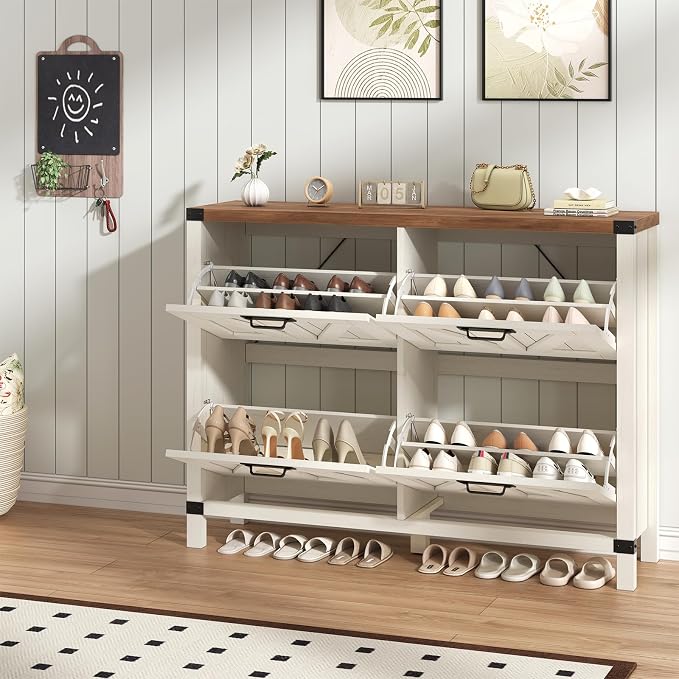 YOMILUVE Shoe Storage Cabinet with 4 Flip Drawers, Farmhouse Shoe Cabinet for Entryway, Slim Shoe Rack Freestanding Shoe Organizer with Barn Door, Brown and White