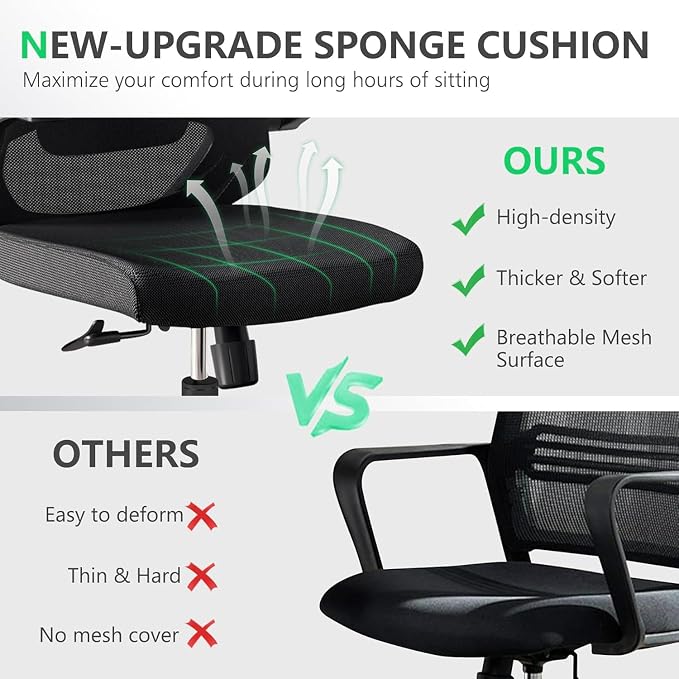 300 LBS Ergonomic Office Computer Mesh Chair - Adjustable Height Rolling Desk Chair with Flip-Up Armrests & High Back Support - Comfortable Swivel Task Chair for Home Office