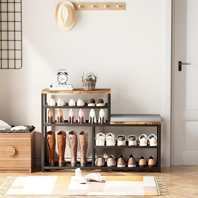Shoe Rack,Freestanding Hidden Shoe Storage Organizer for Entryway, Shoe Bench Shelves for High Boot with Seat Cushion,Wood Shoe Rack Cabinet for Front Door Entrance Closet, Hallway, 5 Tier,Brown