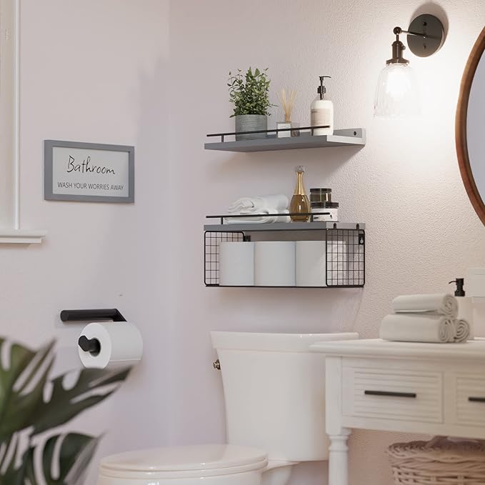 WOPITUES Floating Shelves for Wall Decor Sign, Bathroom Organizers and Storage, Bathroom Shelves Over Toilet with Metal Guardrail-Modern Grey