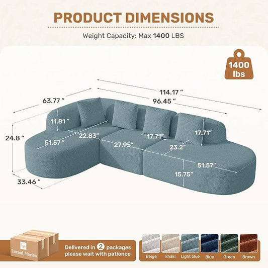 114 Inch Boneless Couches for Living Room,Modern Modular Sectional Sofa with Chaise,L-Shape Cloud Sectional Couch,No Assembly Required,Light Blue