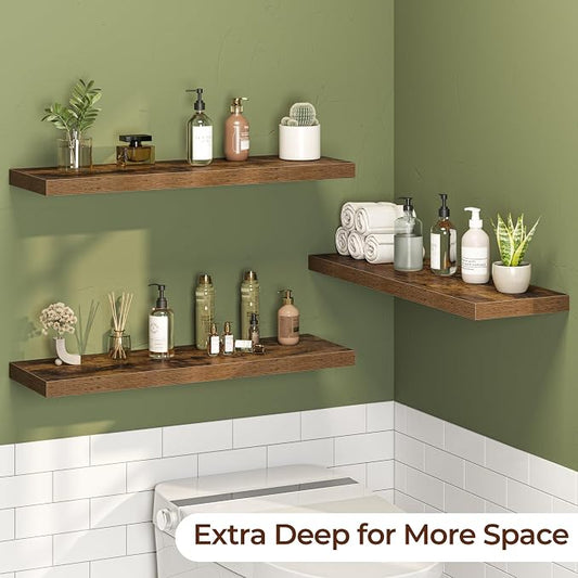 Fun Memories Floating Shelves for Wall 32 Inch Set of 3, Farmhouse Floating Shelves with Invisible Heavy Duty Bracket, 10 Inch Deep Bathroom Shelves for Storage, Living Room, Kitchen, Decor, Brown