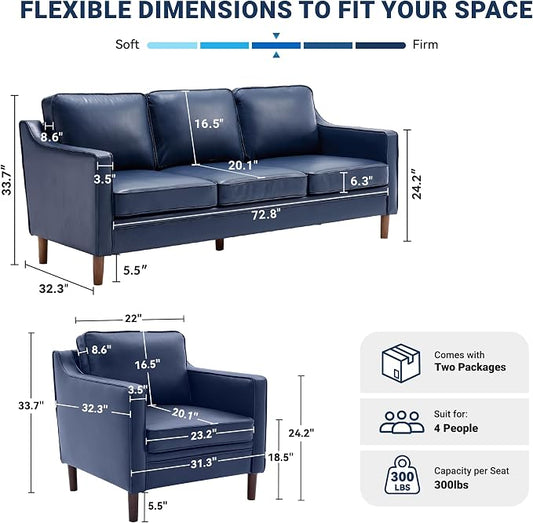 Kingfun Couch Sets for Living Room, 3 Seater Couch and Armchair, Mid Century Modern Sofa Set, Faux Leather Couch with Solid Wood Frame for Bedroom