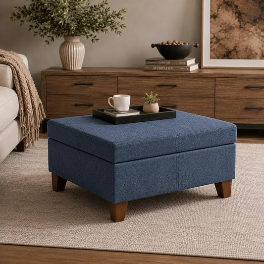 HomePop Harper Luxury 28" Storage Ottoman - Blue Woven Fabric