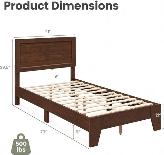 Giantex Twin Size Wooden Bed Frame with Headboard, Wood Slat Support | Modern Platform Bed with Heavy Duty Mattress Foundation, Under-Bed Storage, No Box Spring Needed, Easy Assembly (Walnut)