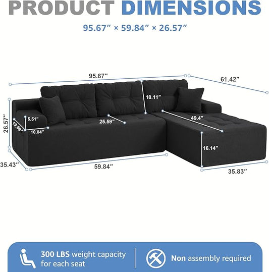Hobestluk Modular Sectional Sofa Couches L-Shape Couch 3 Seat Modular Sofa Memory Foam Sectional Couches for Living Room, Cloud Couch with Oversized Chaise (Black Tufted, 96", Right Hand Facing)