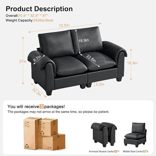 70.5" Faux Leather Loveseat Sofa, Oversized 2 Seater Modular Sectional Upholstered Couch with Curved Armrests, Cloud Modern Deep Seat Love Seat Sofa for Living Room, Black