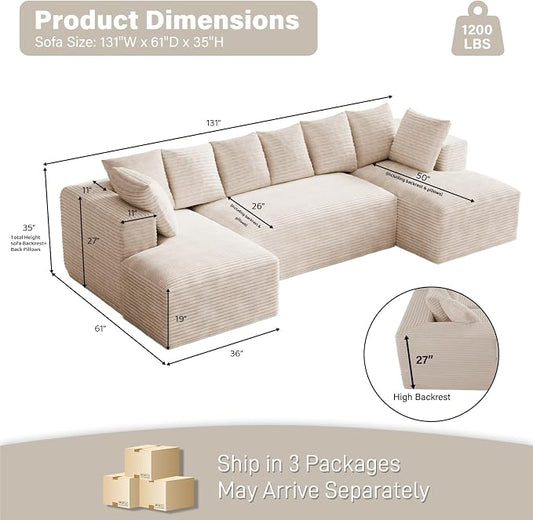 131" Oversized U Shaped Cloud Sectional Couches for Living Room, Comfy Fluffy Corduroy Beige Boneless Sectionals Couch, Plush Memory Foam Modular Sectional Sofa with Chaise- 19" Seat Height