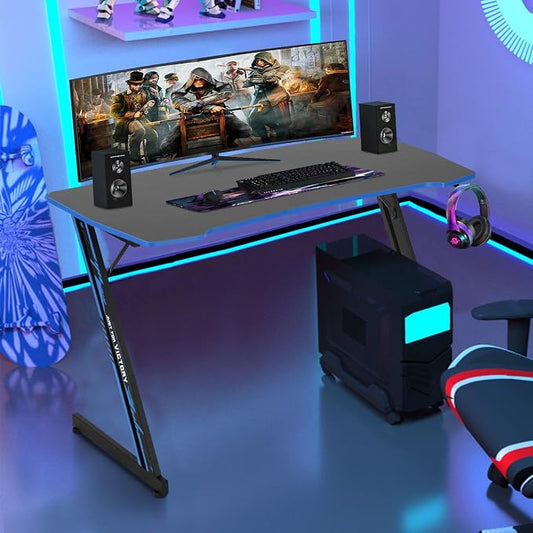 BestOffice Gmaing Desk Z Shaped 47 inch Gaming Workstation Ergonomic Gaming Table PC Computer Desk with Headphone Hook for Game Players, Blue